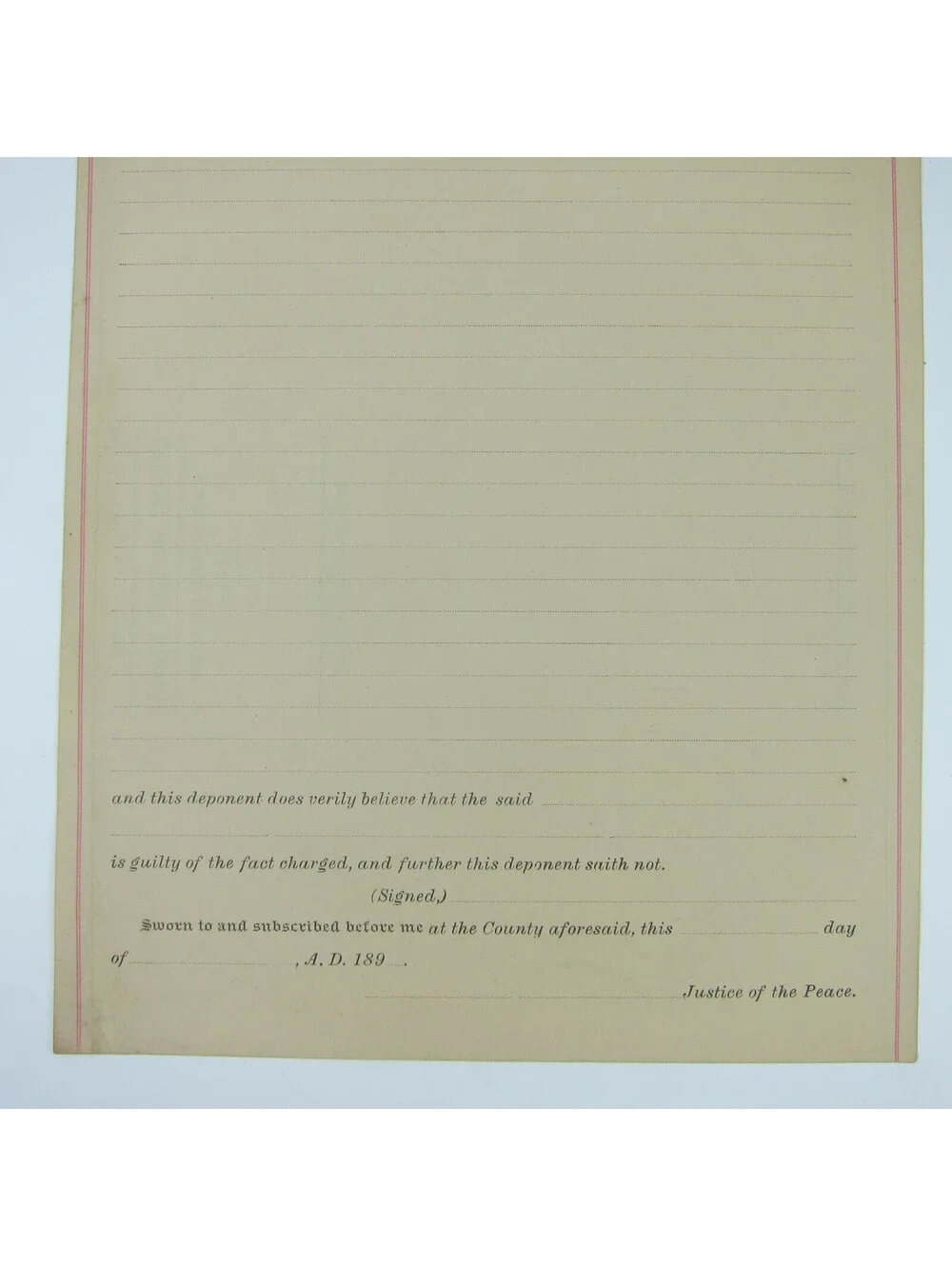 1890s Ohio Affidavit For State Warrant Record Form Blank Justice Antique RARE